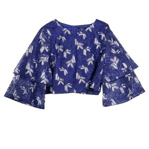 NWOT CQ by CQ Lace Embroidered Crop Top Size 2X Blue Tiered Sleeve Blouse Plus